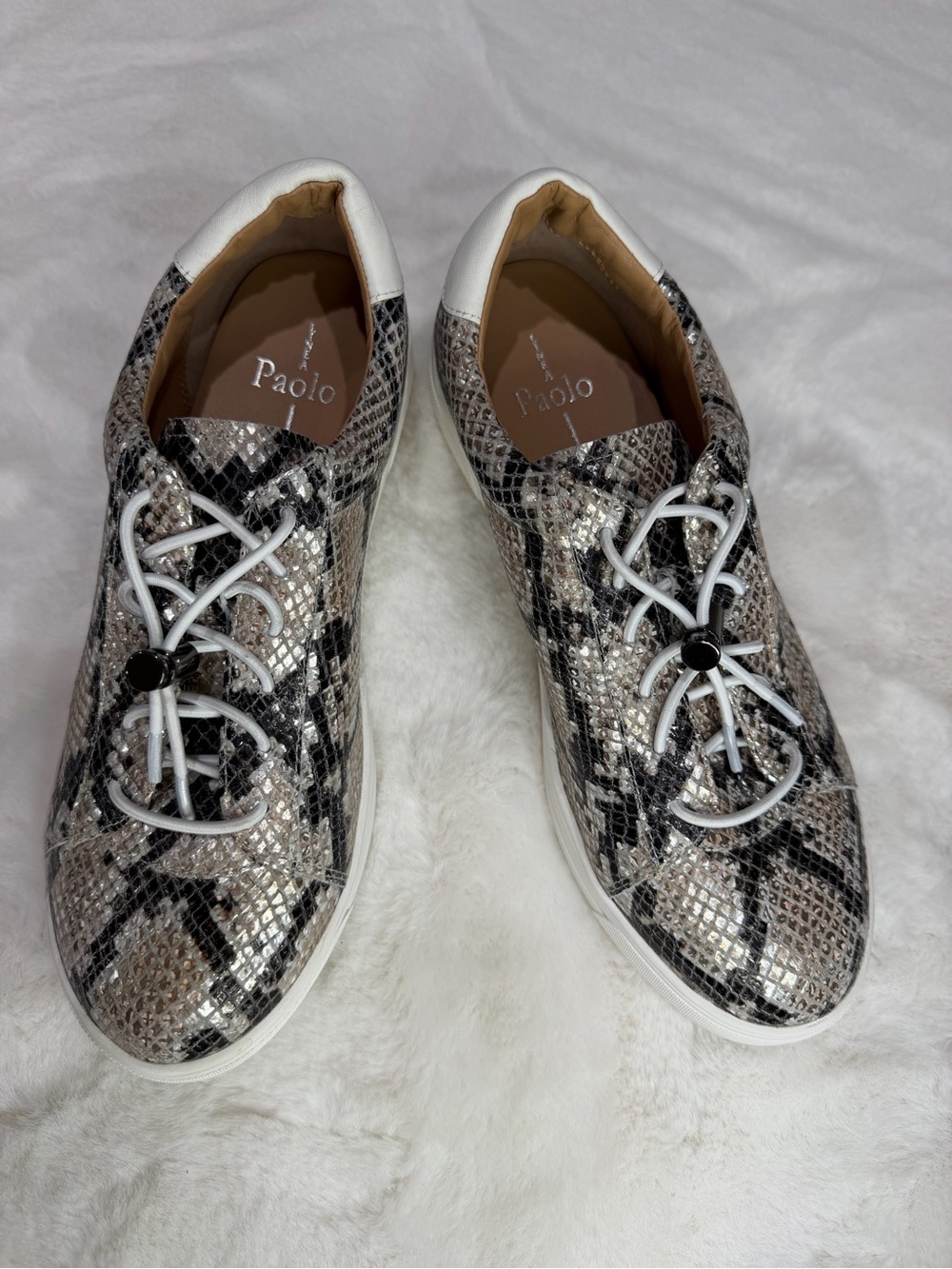Paolo Metallic Snake-Print Lace-Up Sneakers in Silver and Black Size 7.5